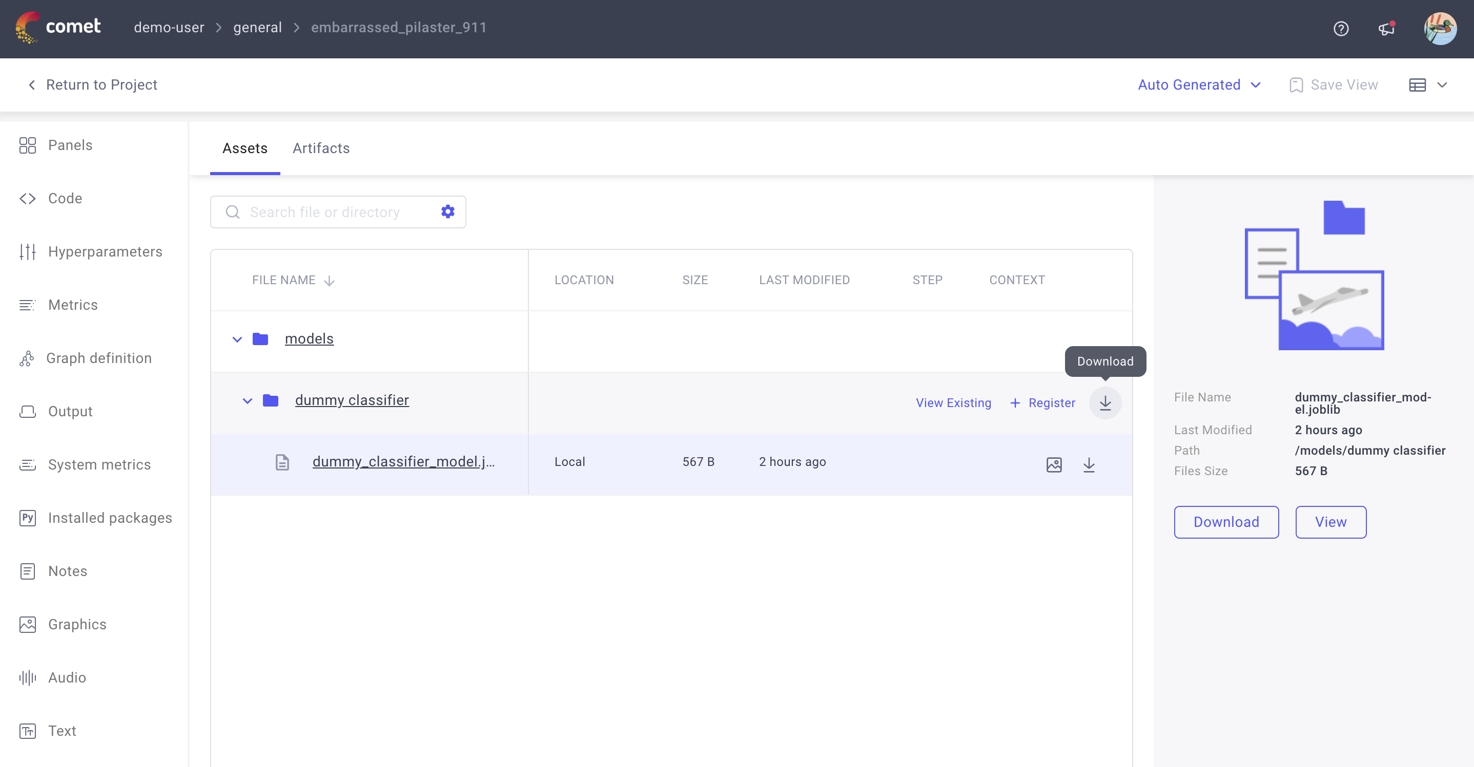 Single Experiment page - Download model