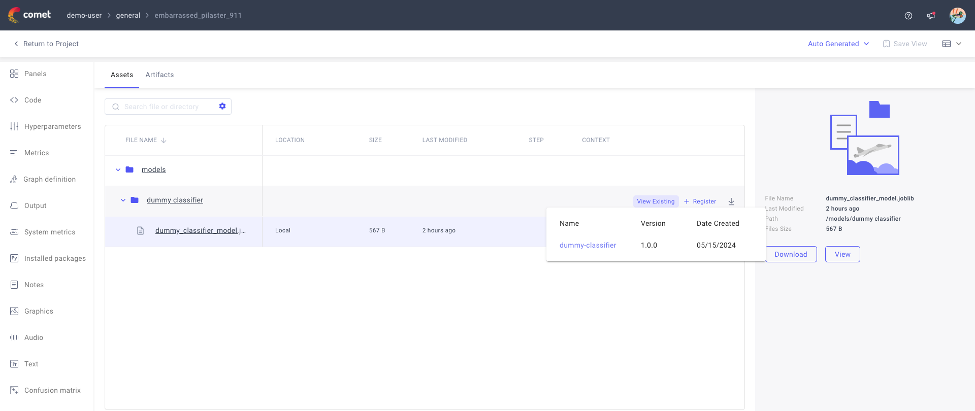 Comet Single Experiment page - View registered version for logged model