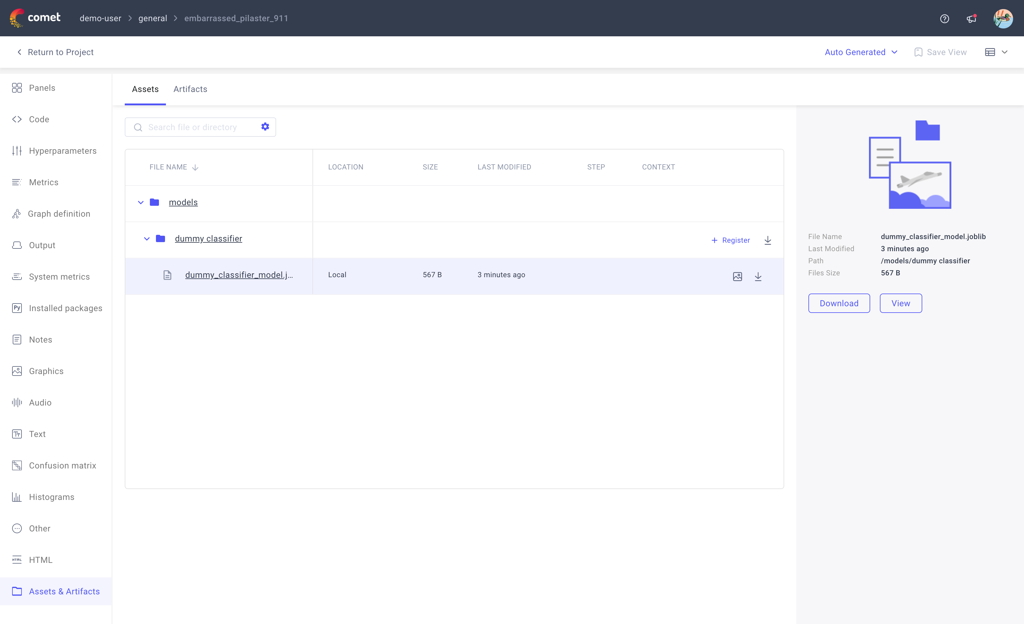 Comet Single Experiment page - Logged model