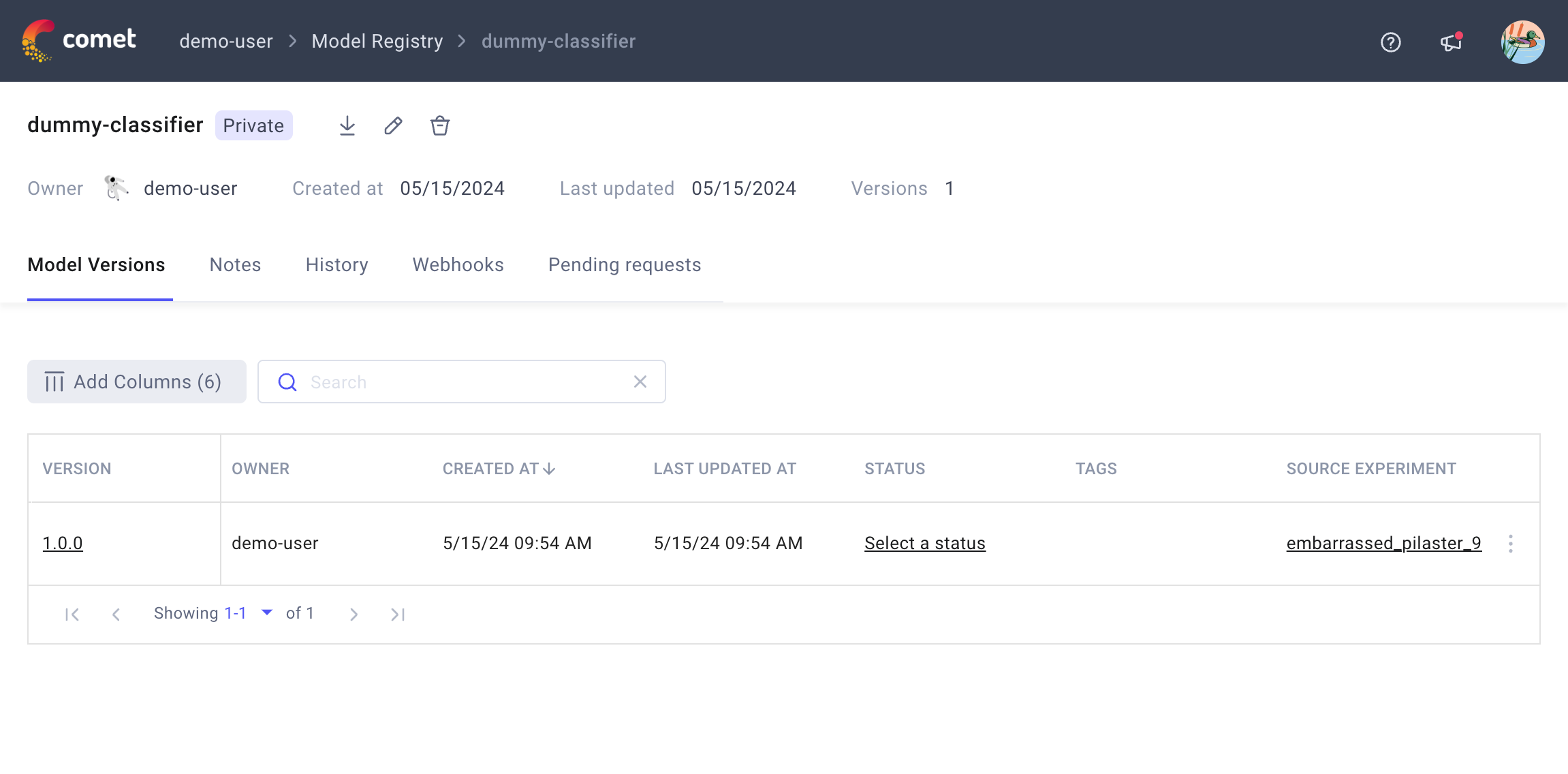 Comet Model Registry - Model page