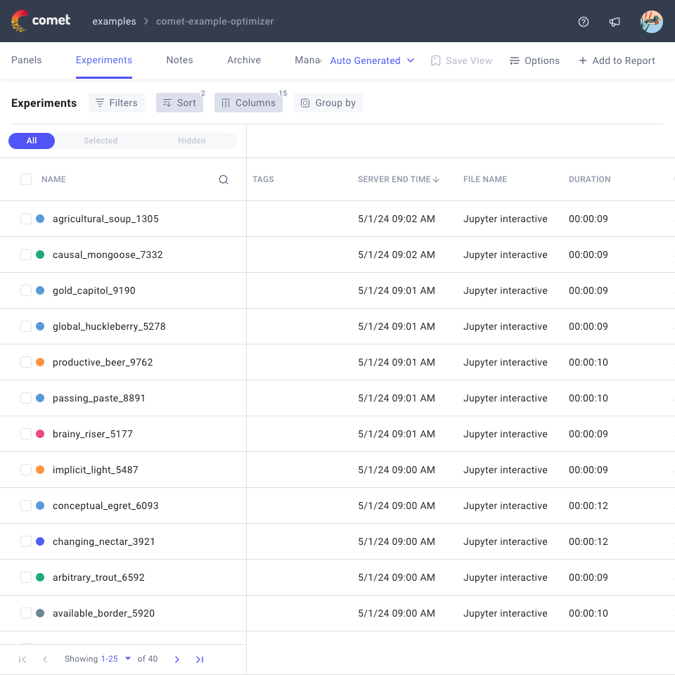 Example Comet Optimizer experiments in the Comet UI