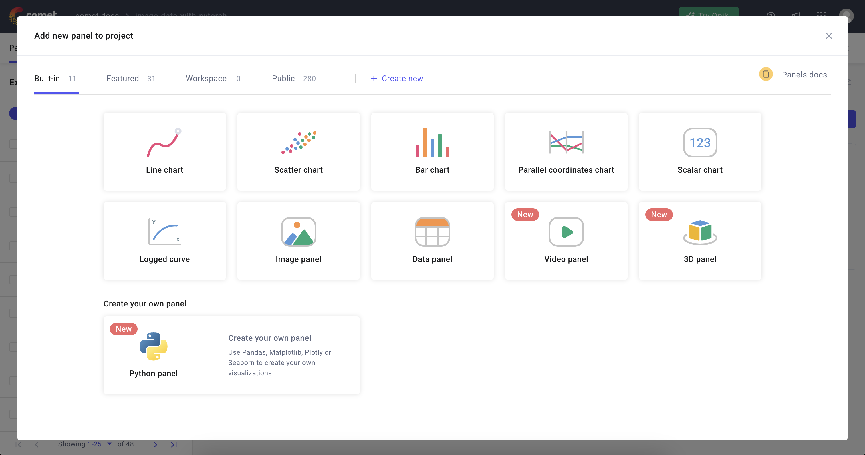 Comet Experiment Management - Panels Gallery