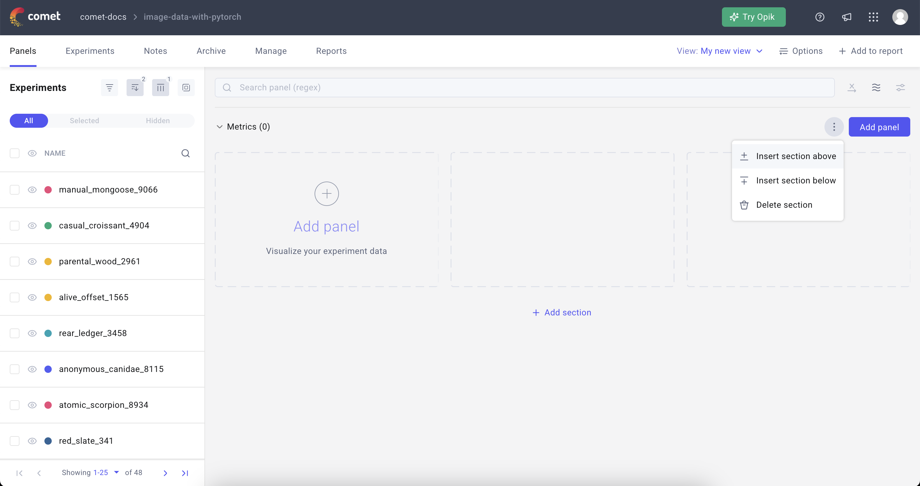 Singe Experiment Page - Add panels section