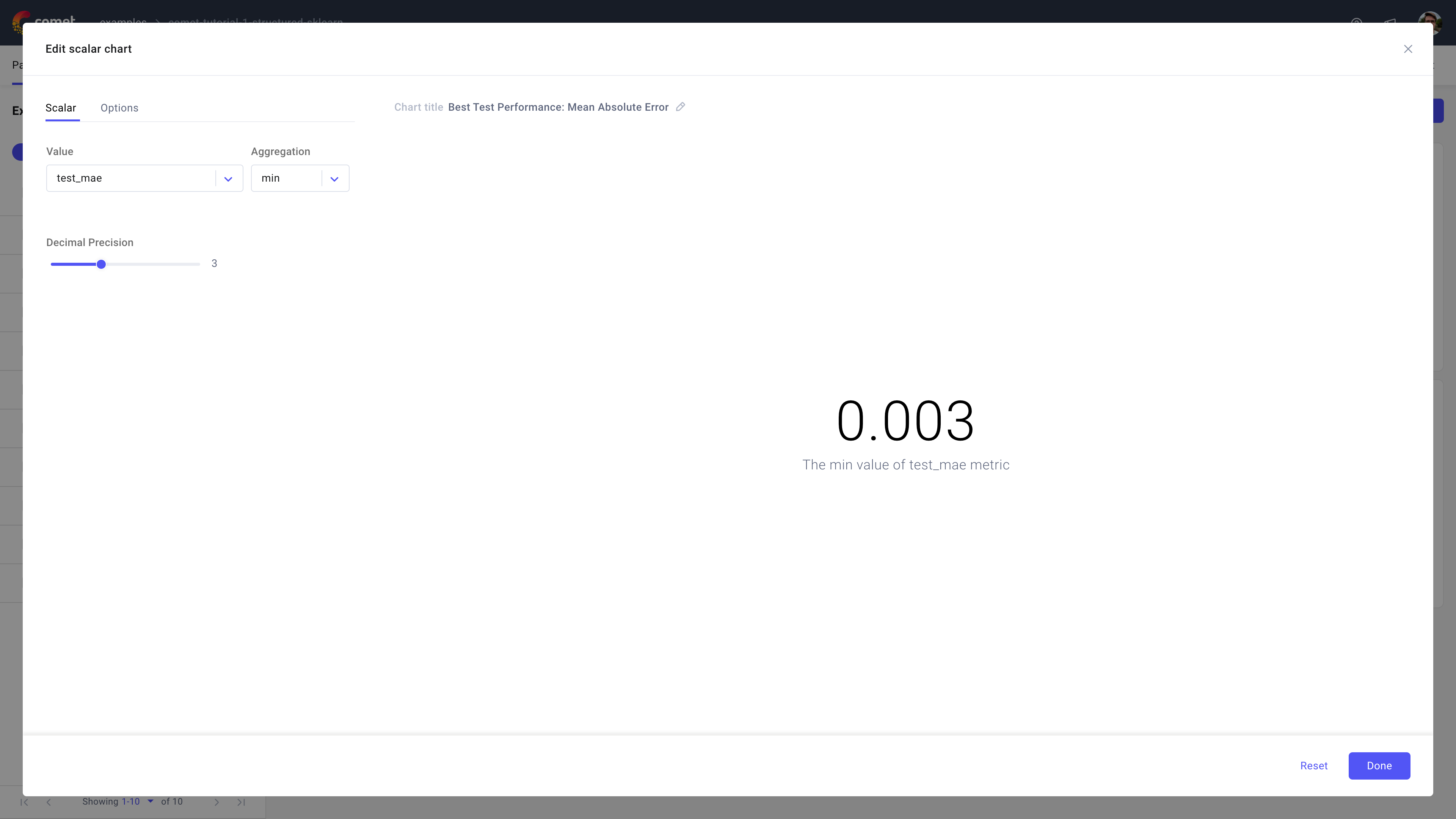 Comet Experiment Management - Scalar chart