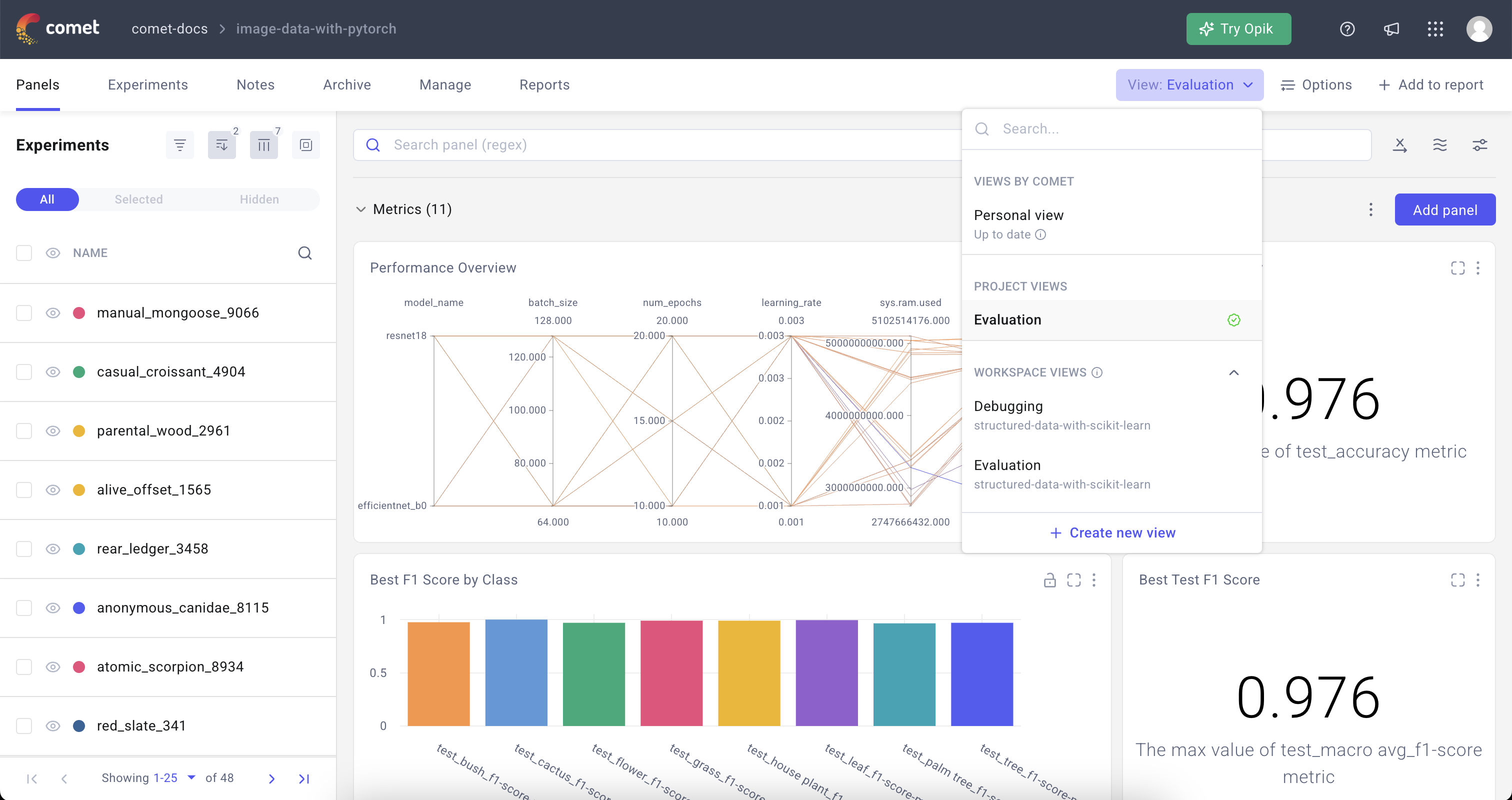 Comet Experiment Management - Panels page: Dashboard menu