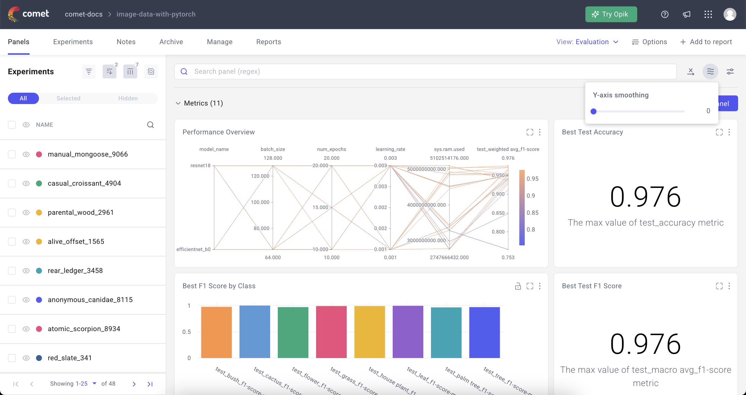 Comet Experiment Management - Panels page: Smoothing settings