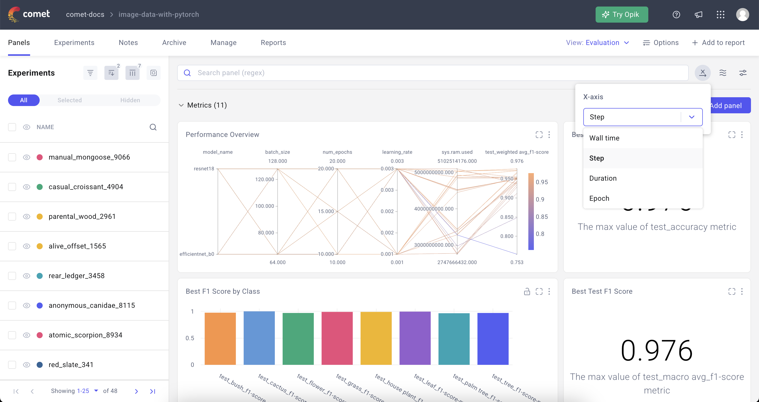 Comet Experiment Management - Panels page: X Axis settings