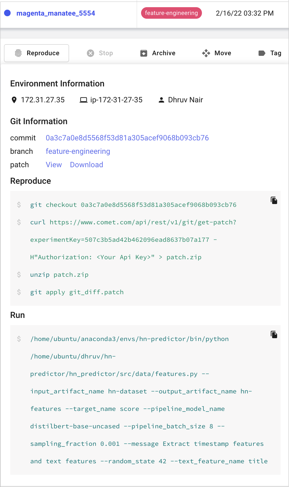 Comet Experiment Management - Single Experiment: Reproduce popup
