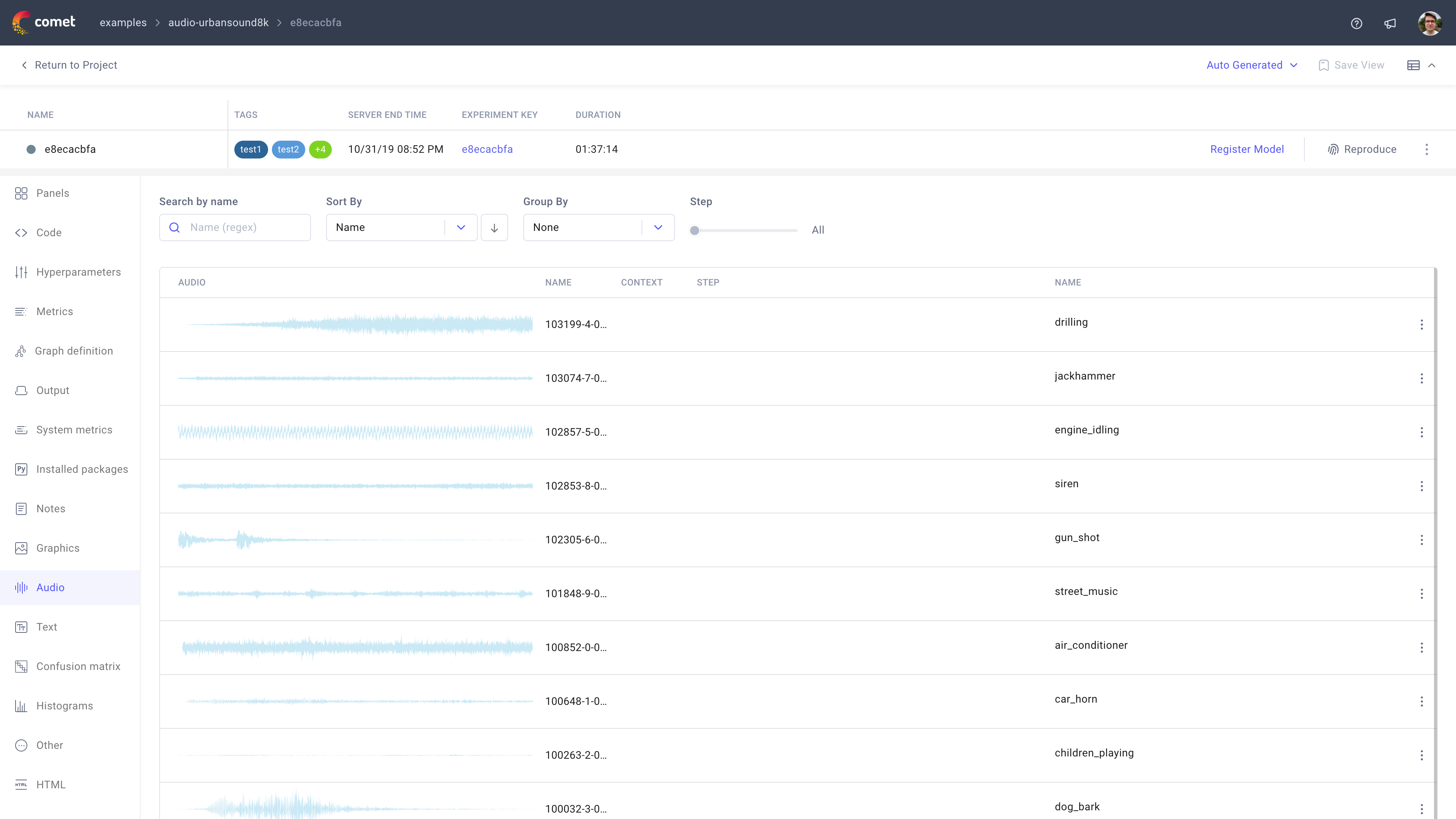 Comet Experiment Management - Single Experiment Page: Audio tab