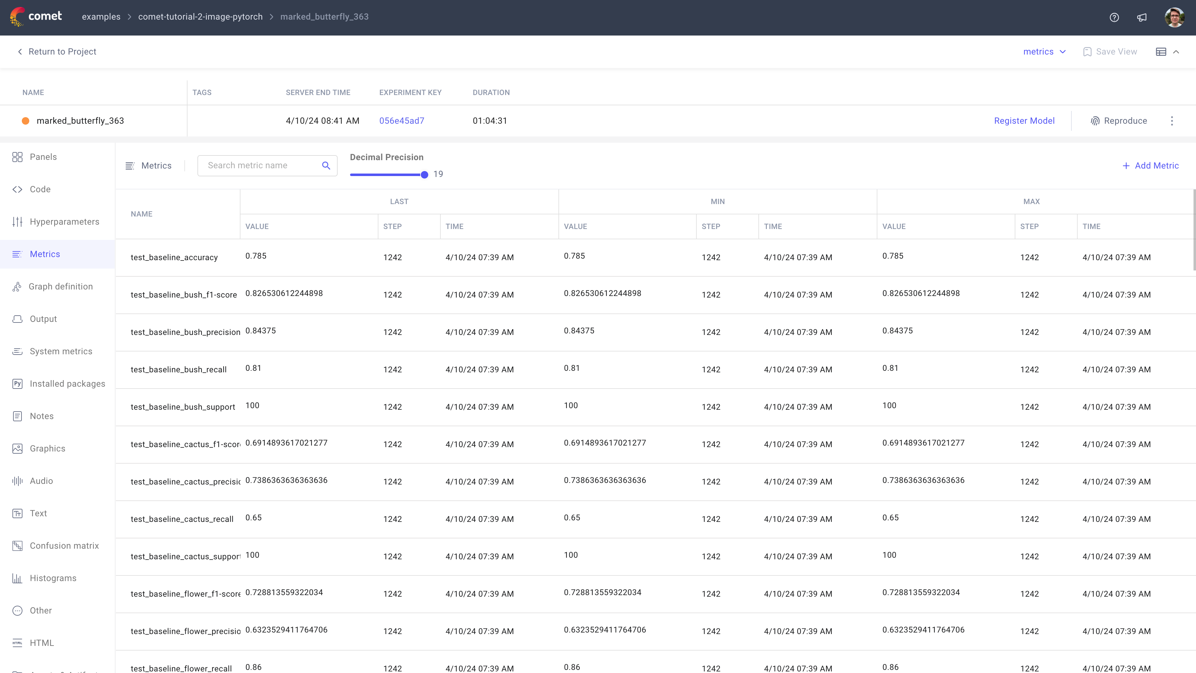 Comet Experiment Management - Single Experiment Page: Metrics tab