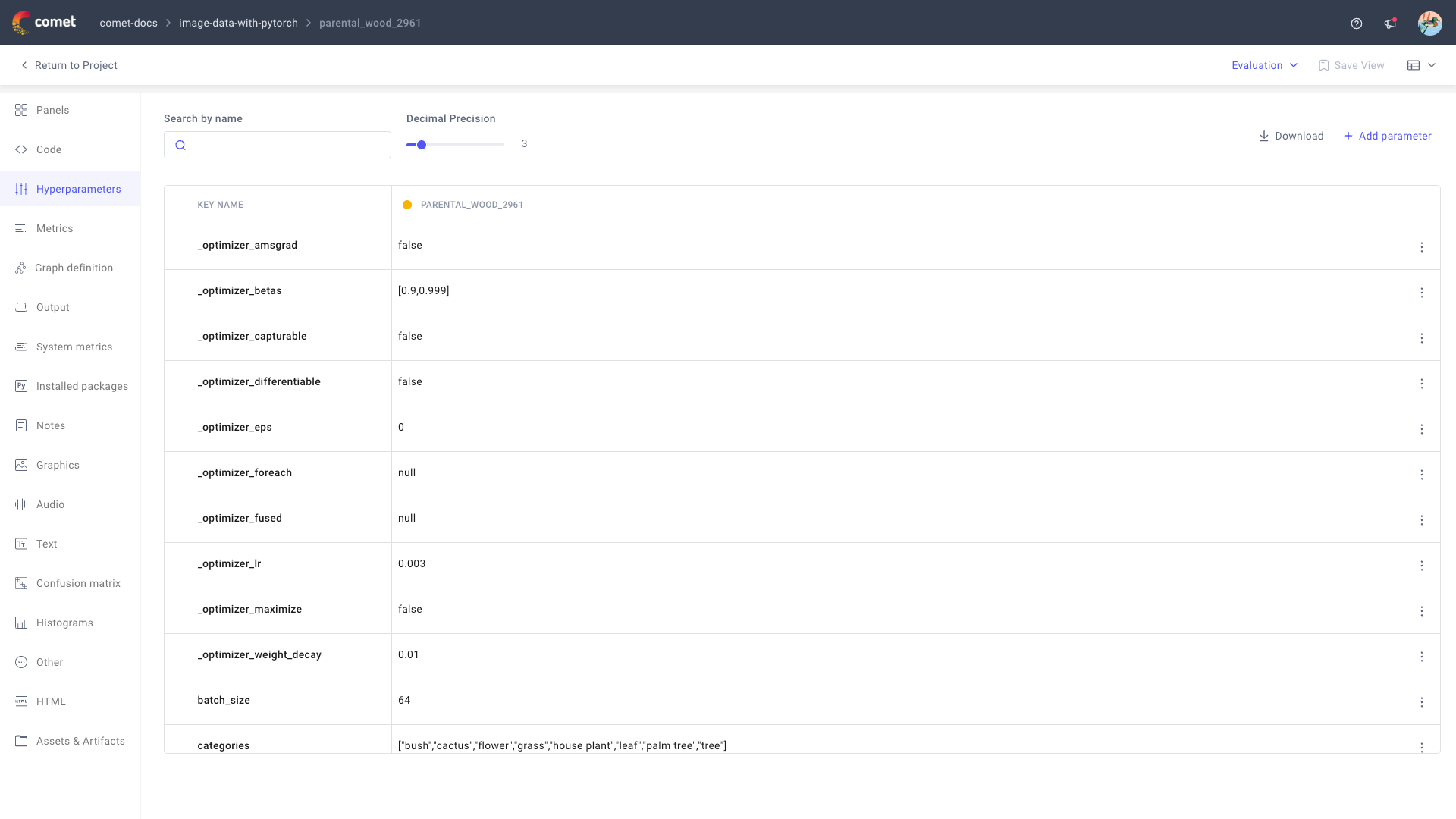 Comet Experiment Management - Single Experiment Page: Hyperparameters tab