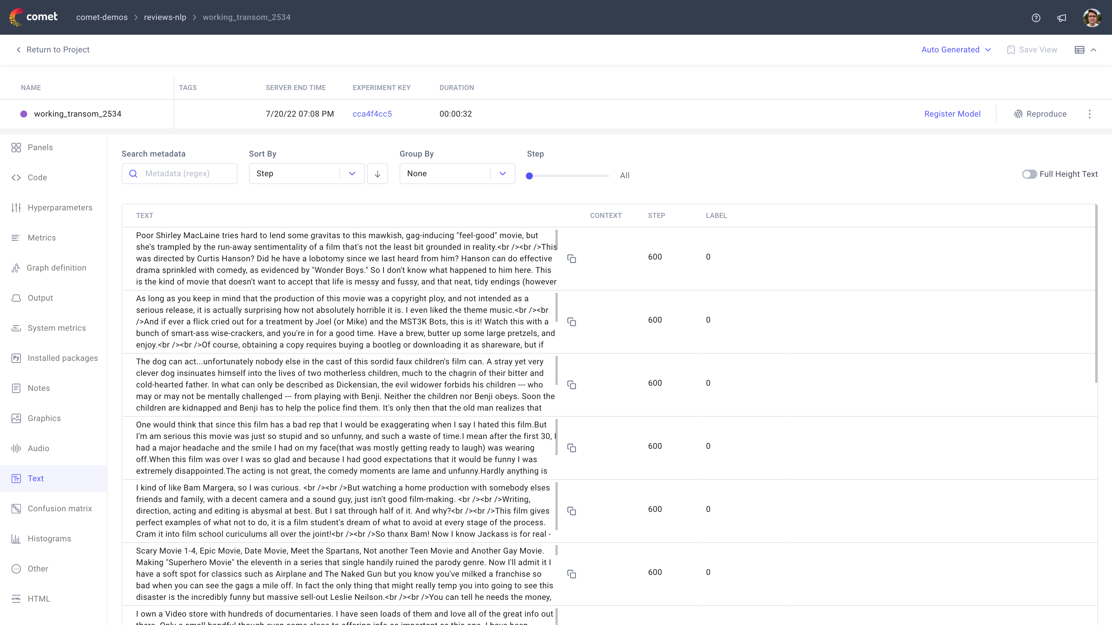 Comet Experiment Management - Single Experiment Page: Text tab
