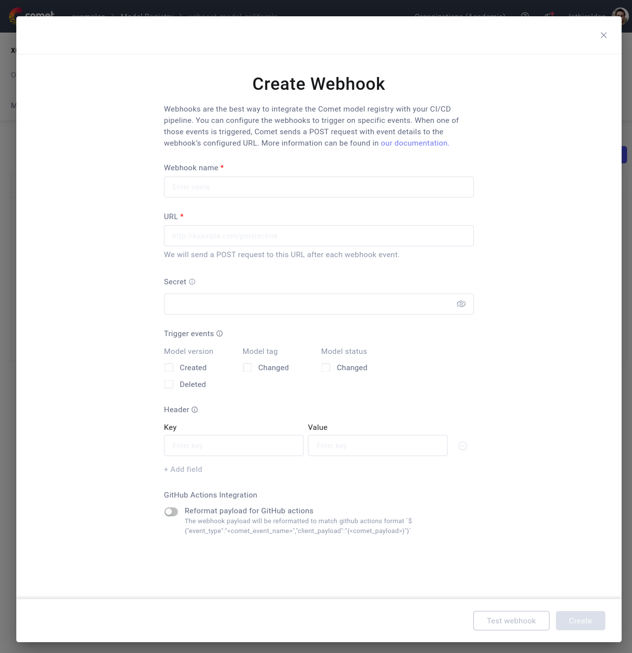 Webhook edition modal